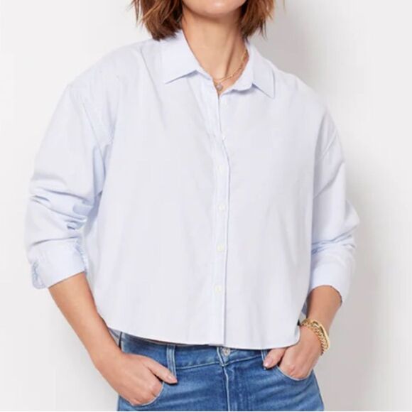 Faherty Stretch Oxford Cropped Shirt in Classic Stripe Size Large Blue White - Picture 1 of 10